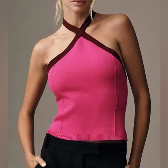 Anthropologie Tops - Women's Pink Halter Knit Tank with Brown Trim
